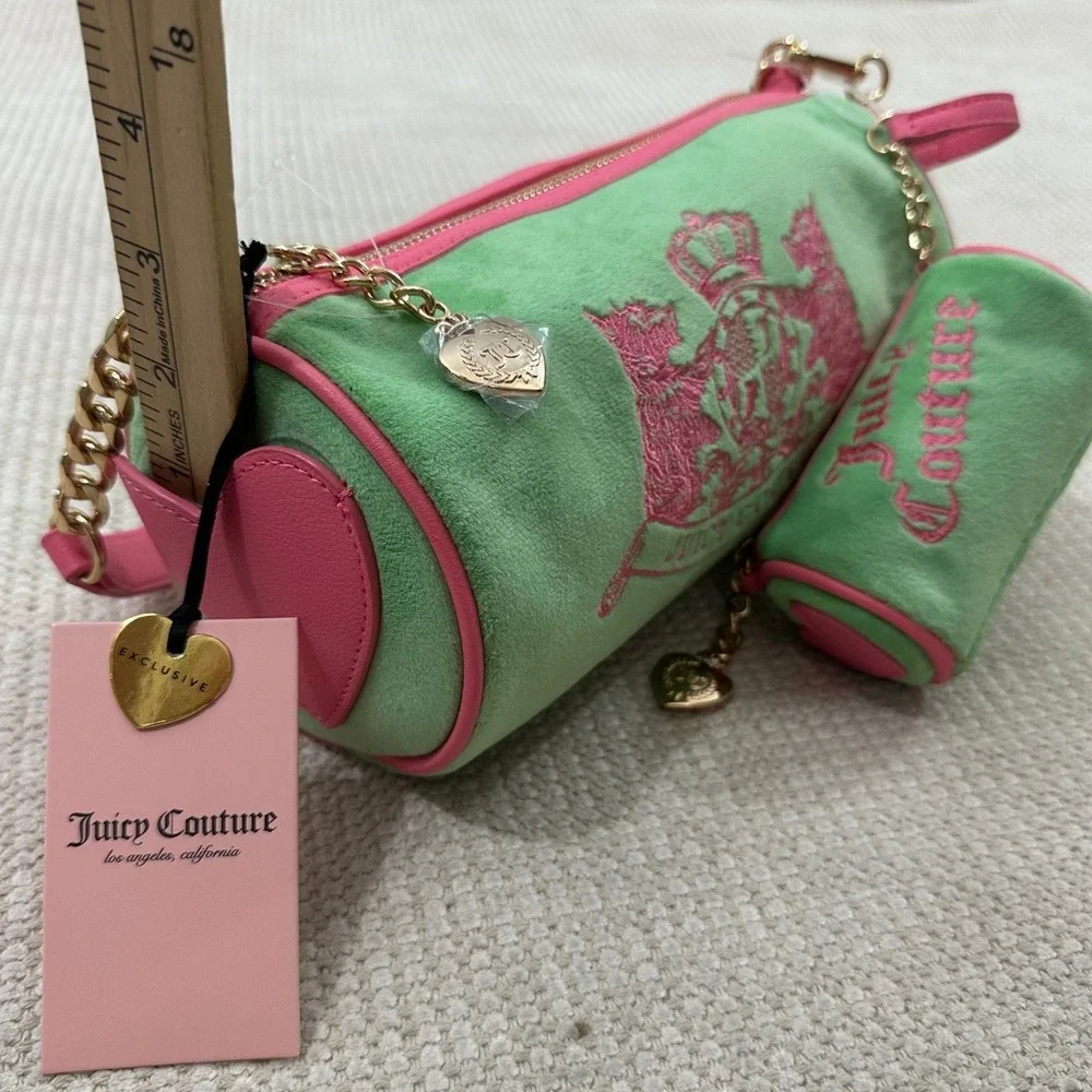 Juicy Couture Retro Green Pink Velour Scottie Dogs Barrel Satchel Bag NWT